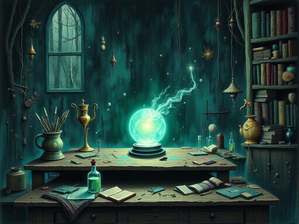 Magical Wizard Study with Glowing Crystal Ball