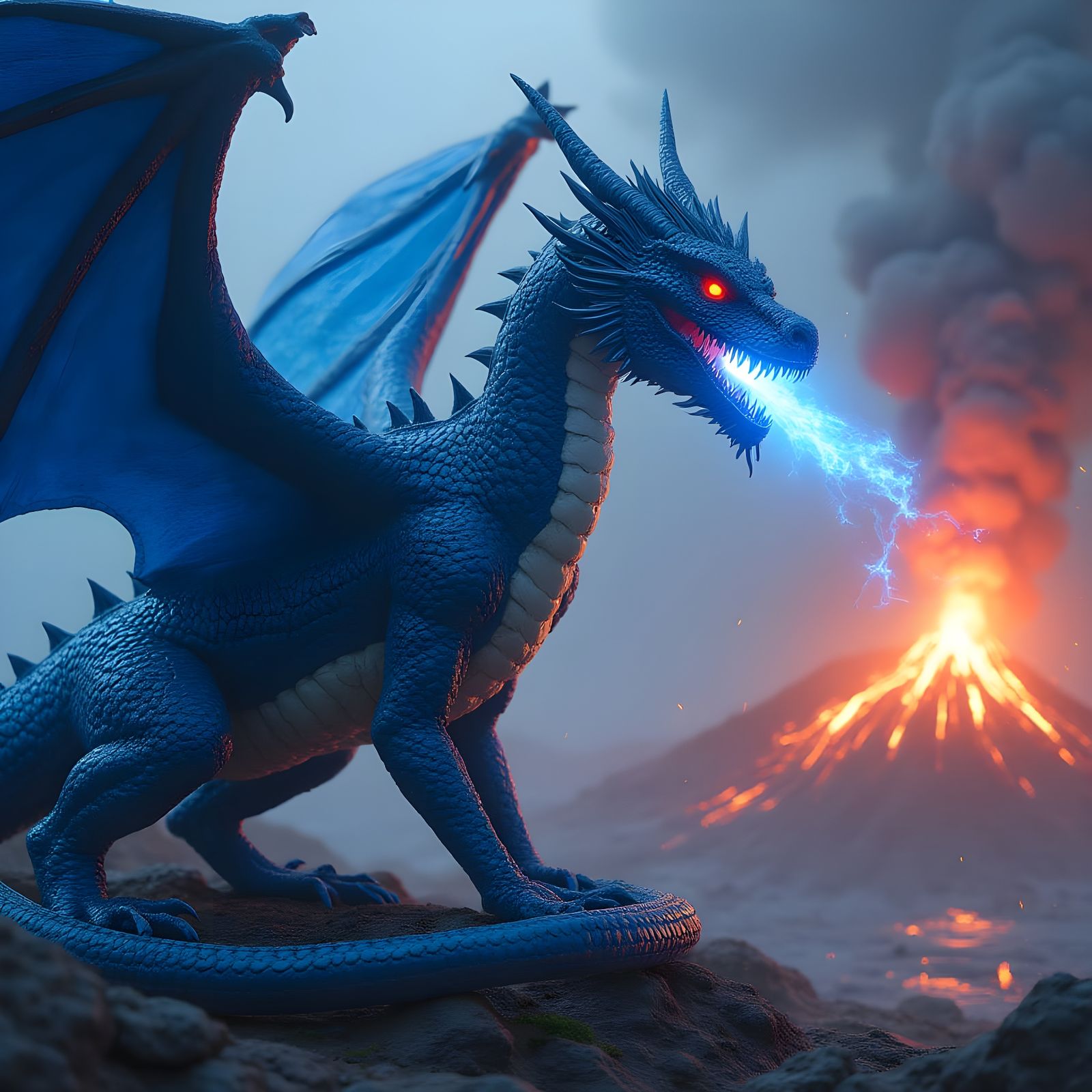 Majestic Blue Dragon near Volcano with Blue Flames