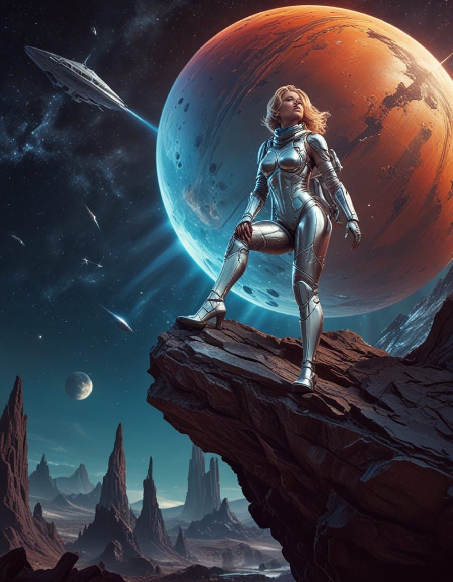 Glamorous Space Explorer in Retrofuturistic Landscape