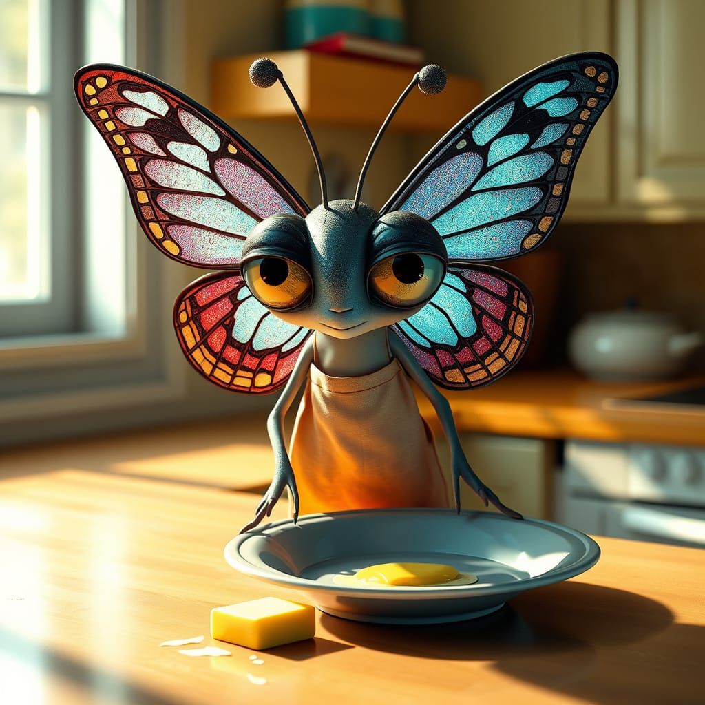 Butterfly in Apron Stares at Butter in CGI Style