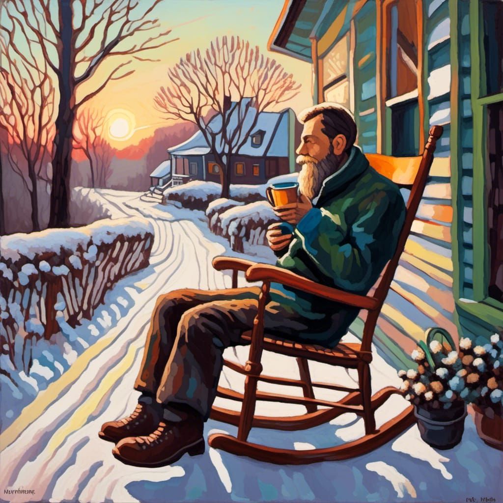 Winter Morning on the Porch in Neo-Impressionist Oil Paintin...