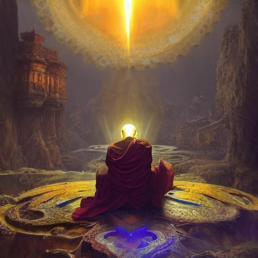 Monk Praying on Cloud Mandala: Dark Fantasy Art