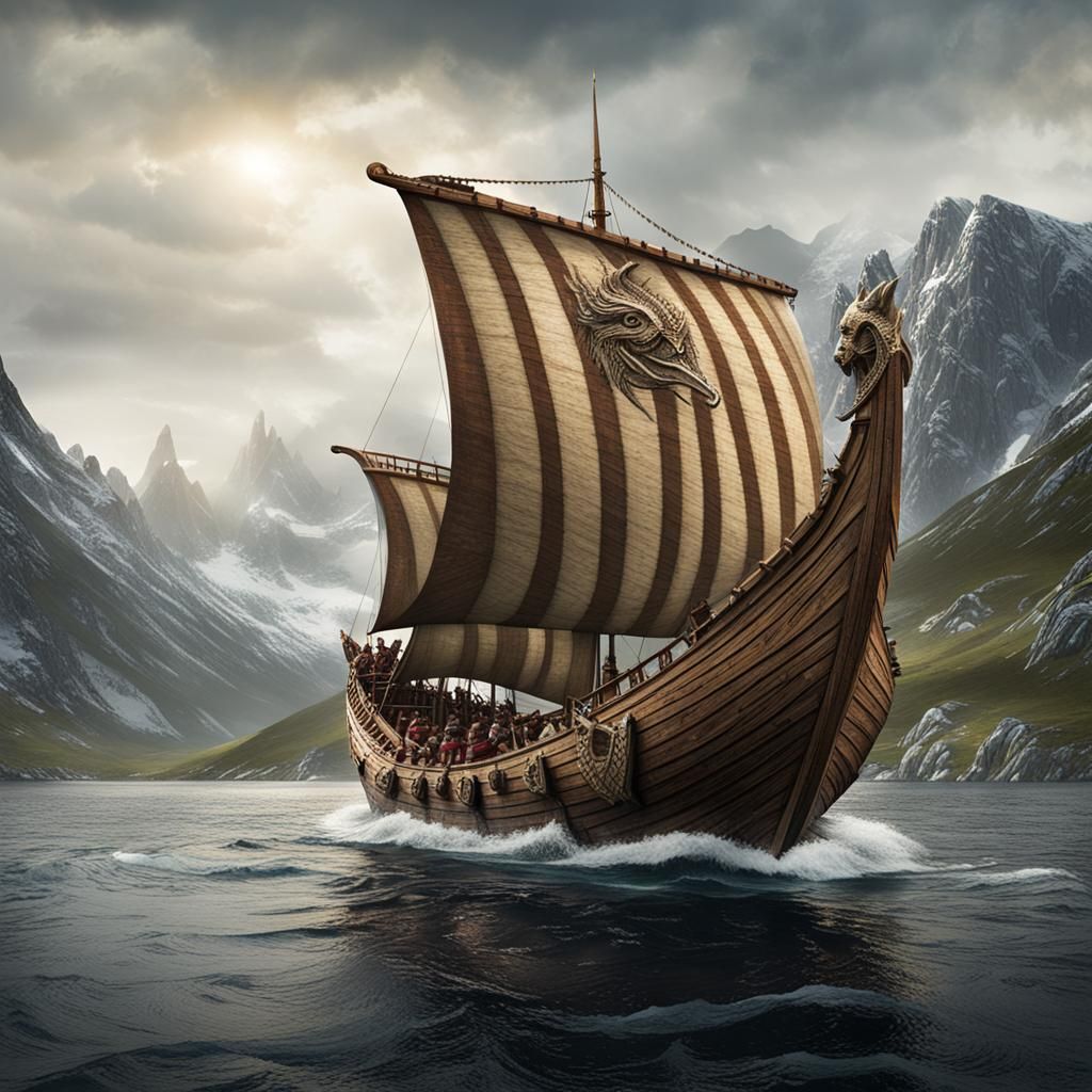 Viking Longship Anchored on Rocky Coastline