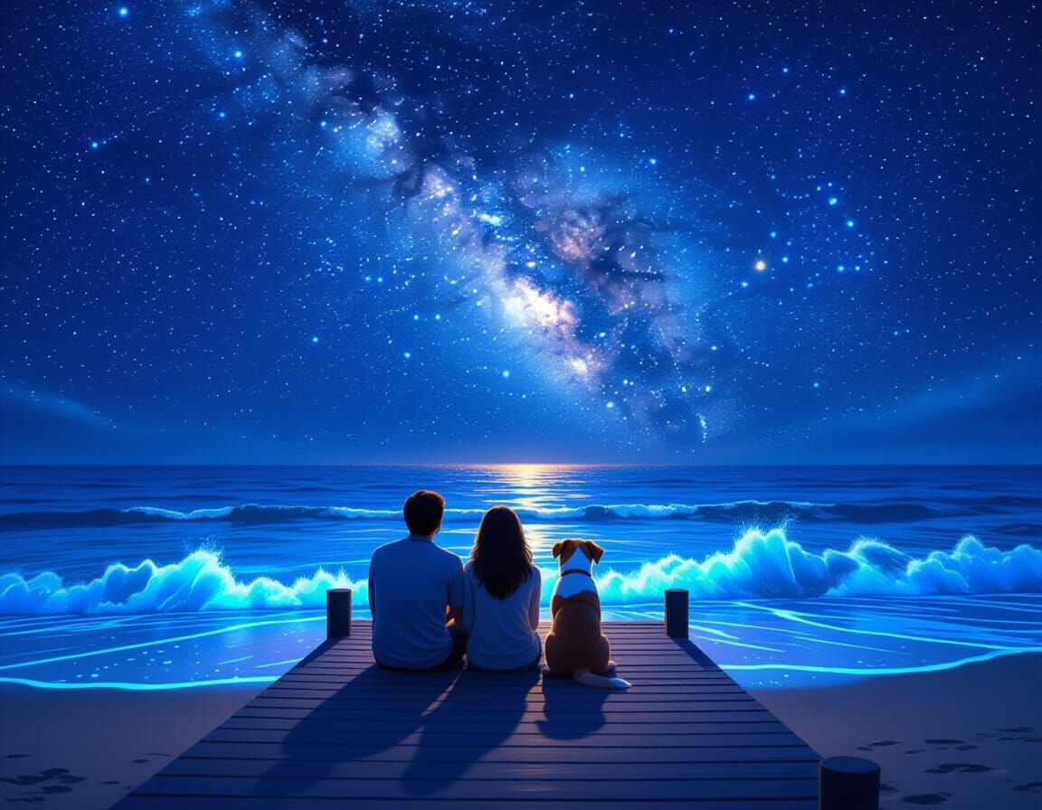 Couple and Dog Watch Bioluminescent Starry Night