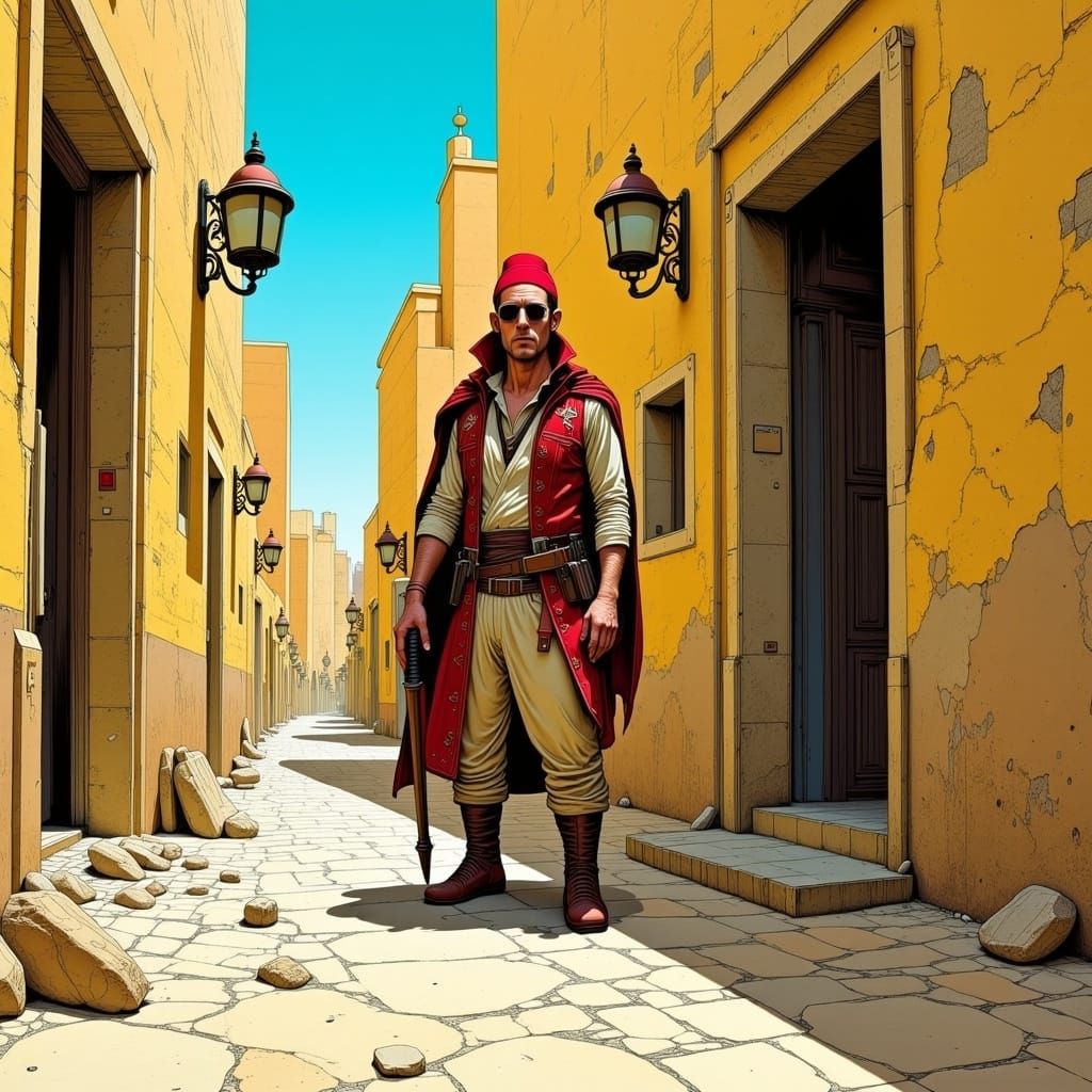 Moebius Style Pickpocket in Greek Alleyway