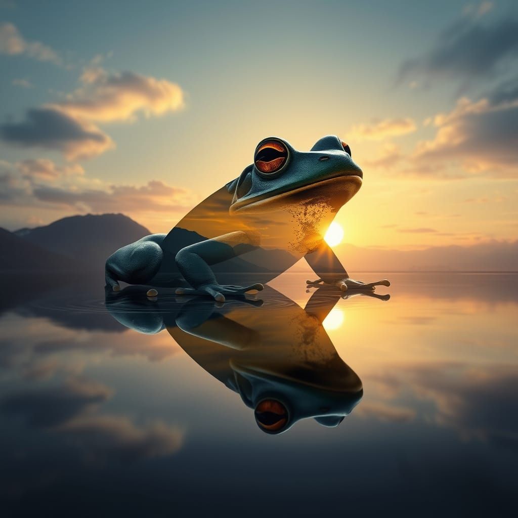 Majestic Surprised Frog Double Exposure Art
