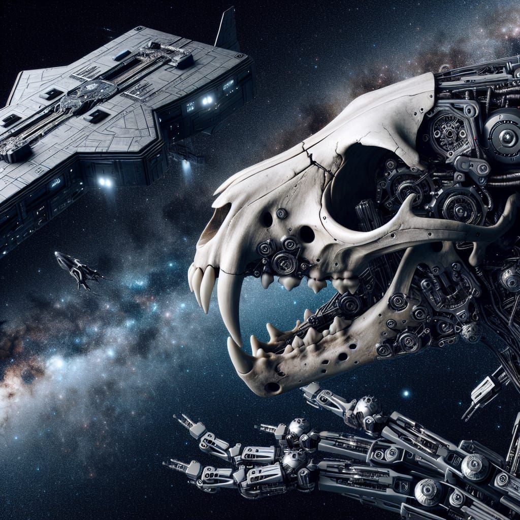 Mechanical Wolf Skull Repairs Spaceship in Space