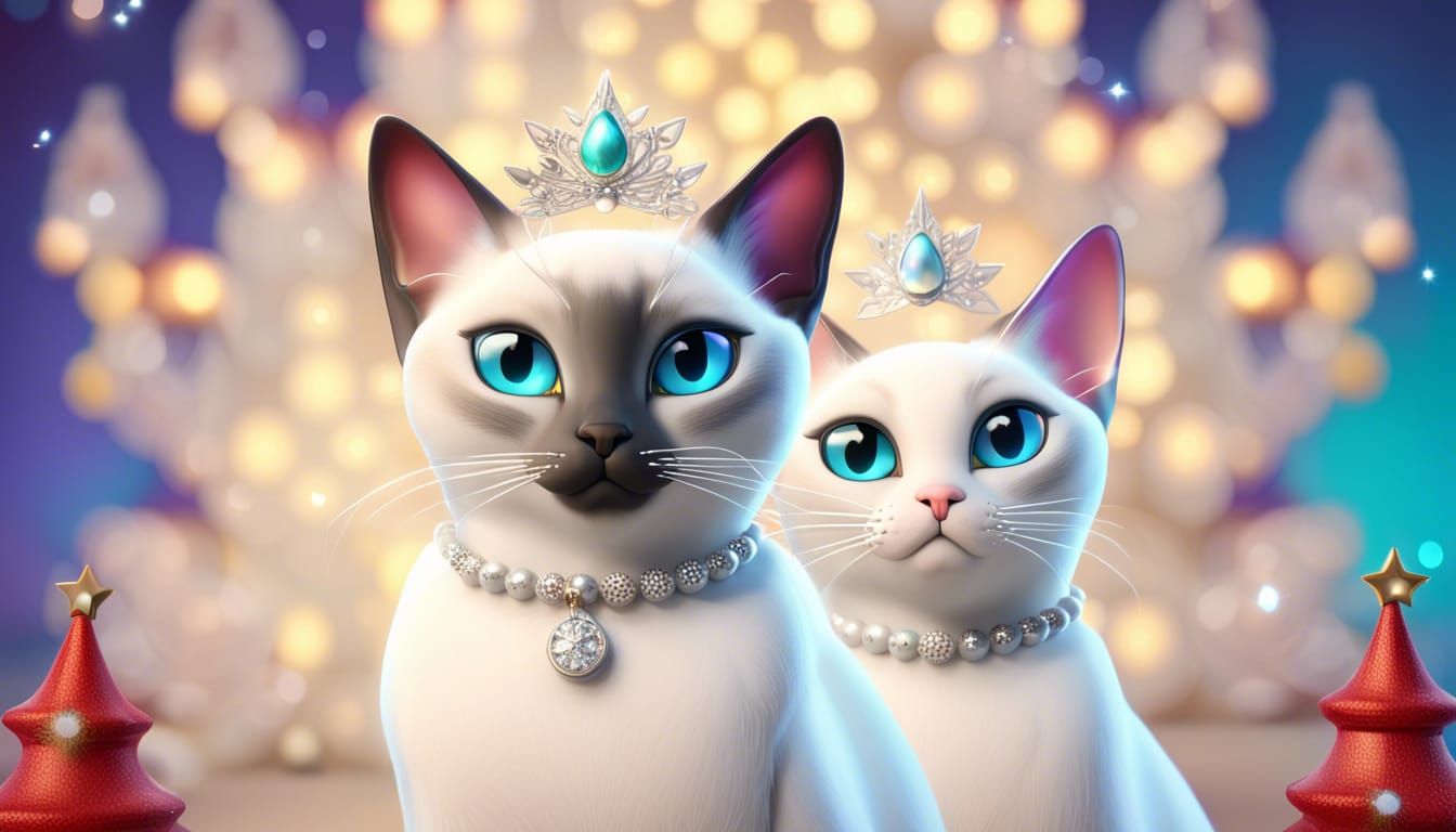 white lace siamese cats with diadem jewels christmas treesPixar, Disney, concept art, 3d digital art, Maya 3D, ZBrush Ce...