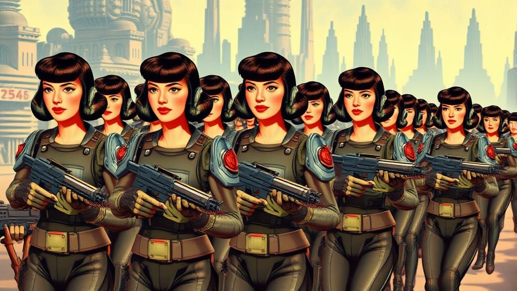 Pin-Up Soldiers in Sci-Fi Power Armor March Through Alien Ci...