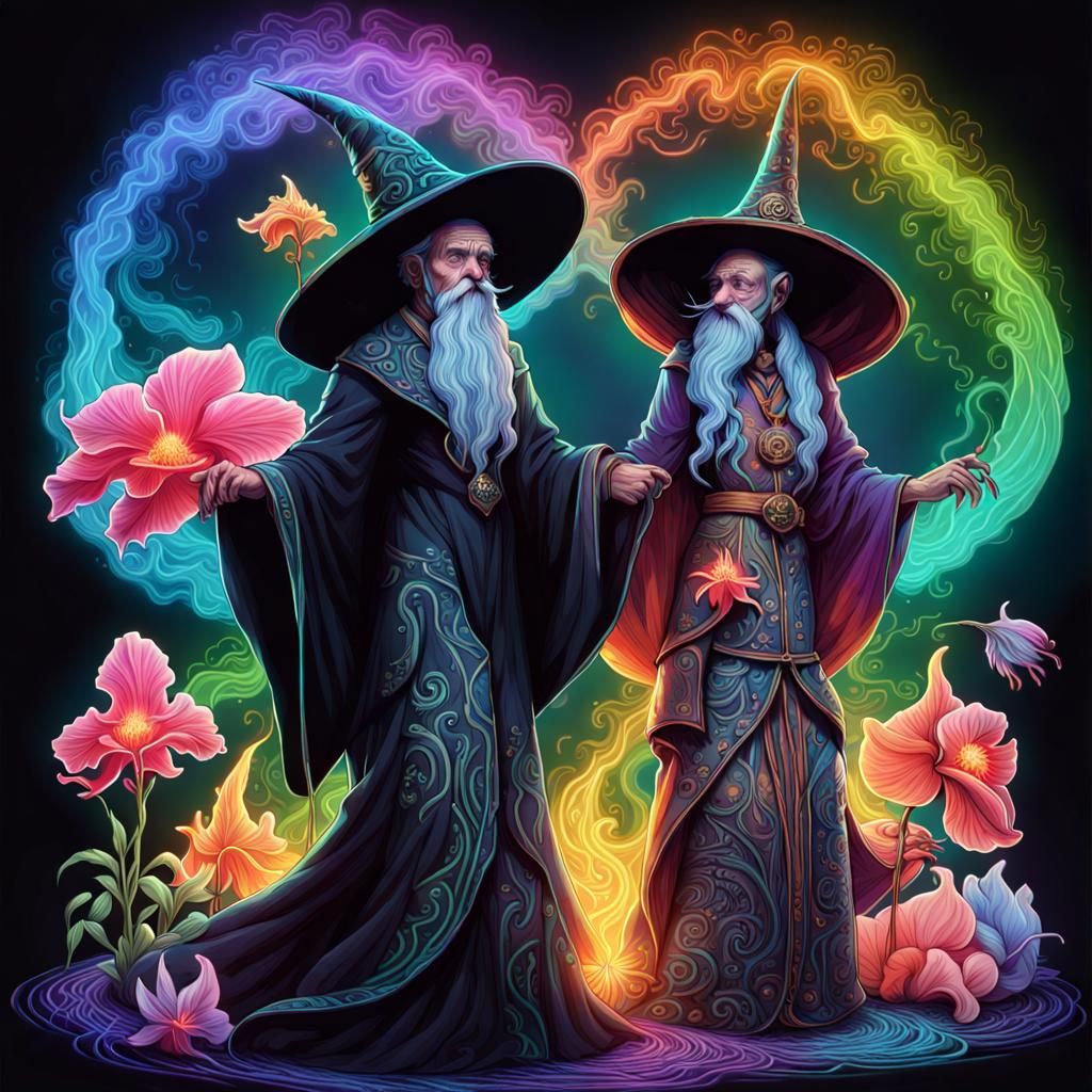 Ecstatic Wizards Dancing in Bioluminescent Cave