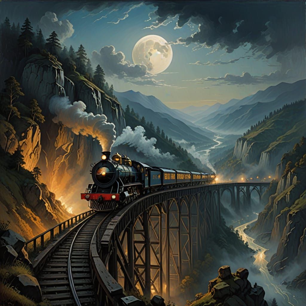 An 1800's steam train traversing a mountain trestle with a f...