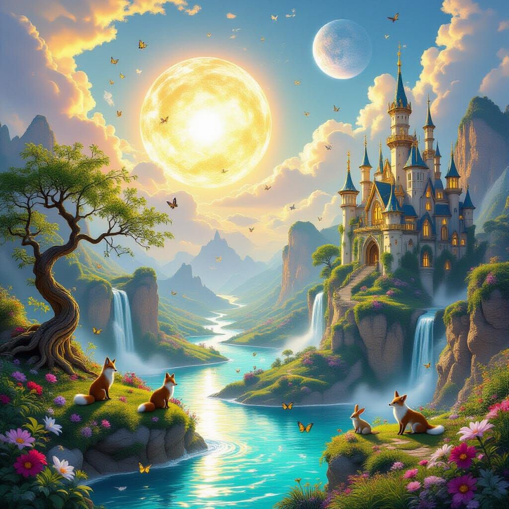 Whimsical Fantasy Landscape with Glowing Sun
