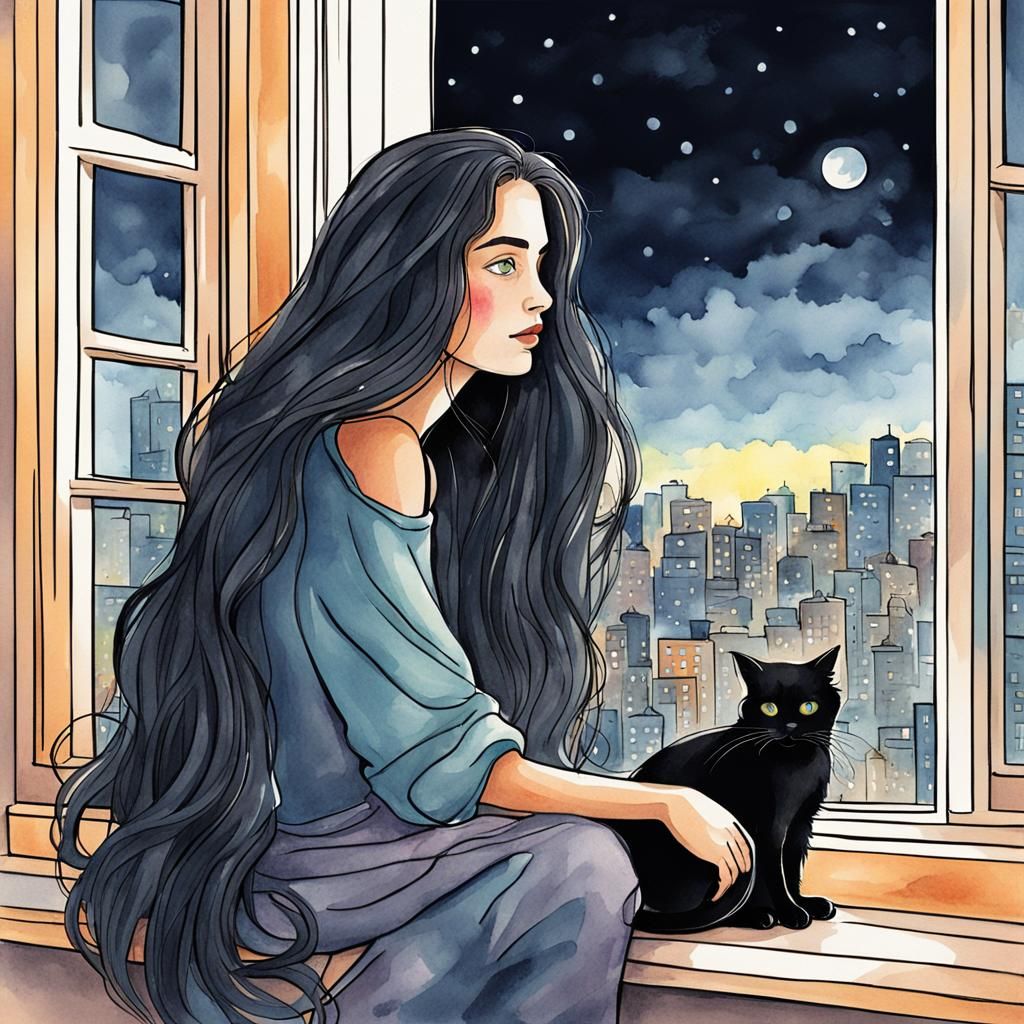 Woman and Cat Gaze at City: Watercolor Vector Art