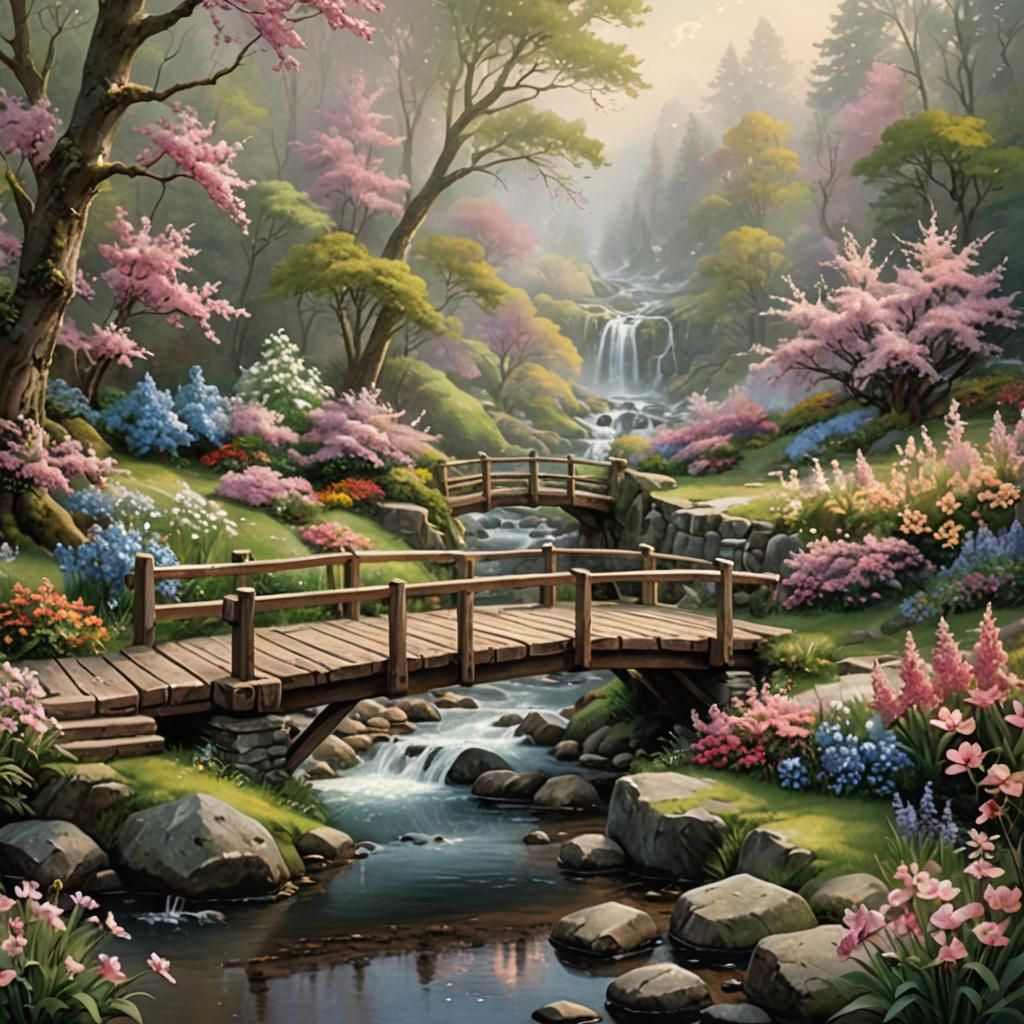 Ethereal Timber Bridge with Spring Flowers