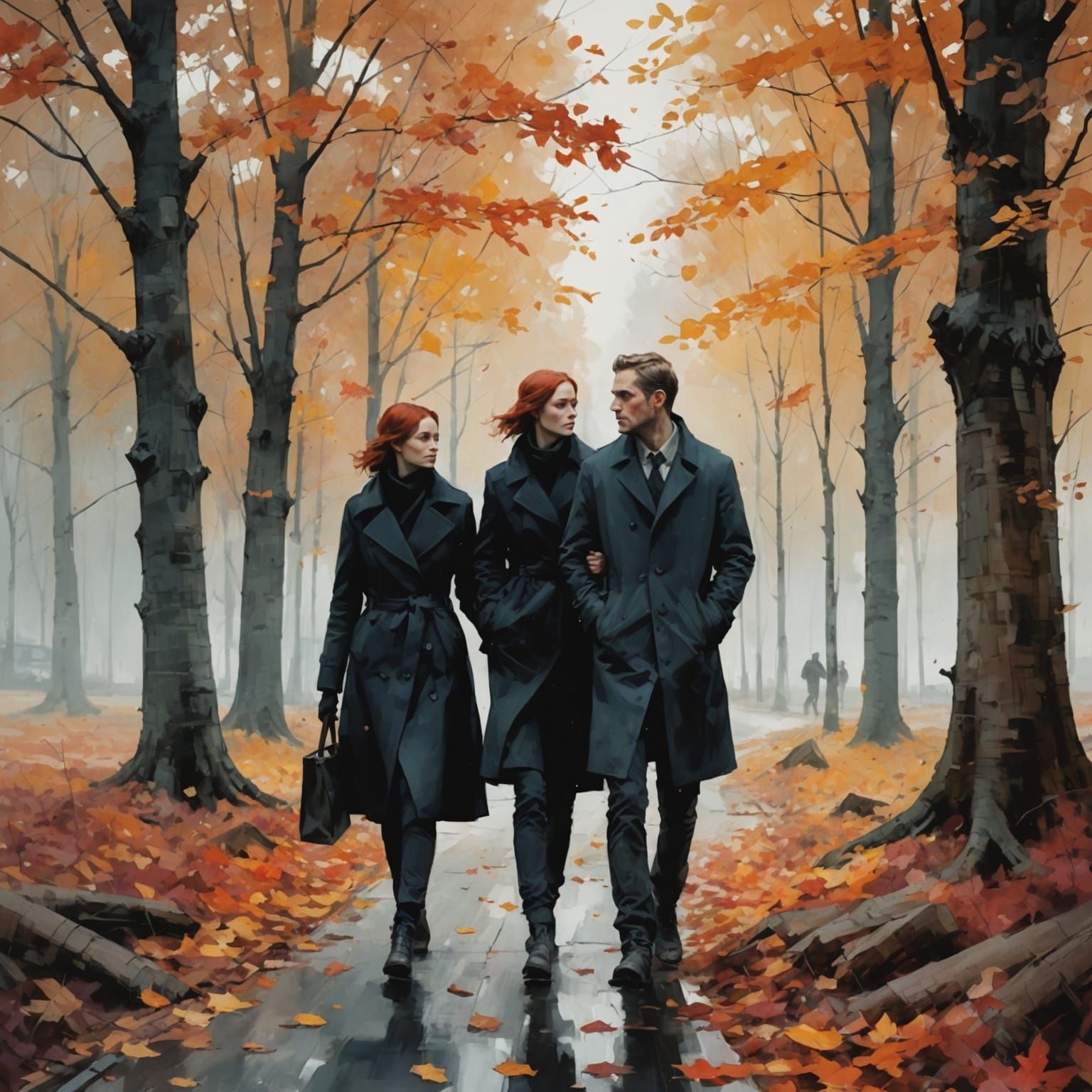 Female Couple in Autumnal Forest, Impasto Style