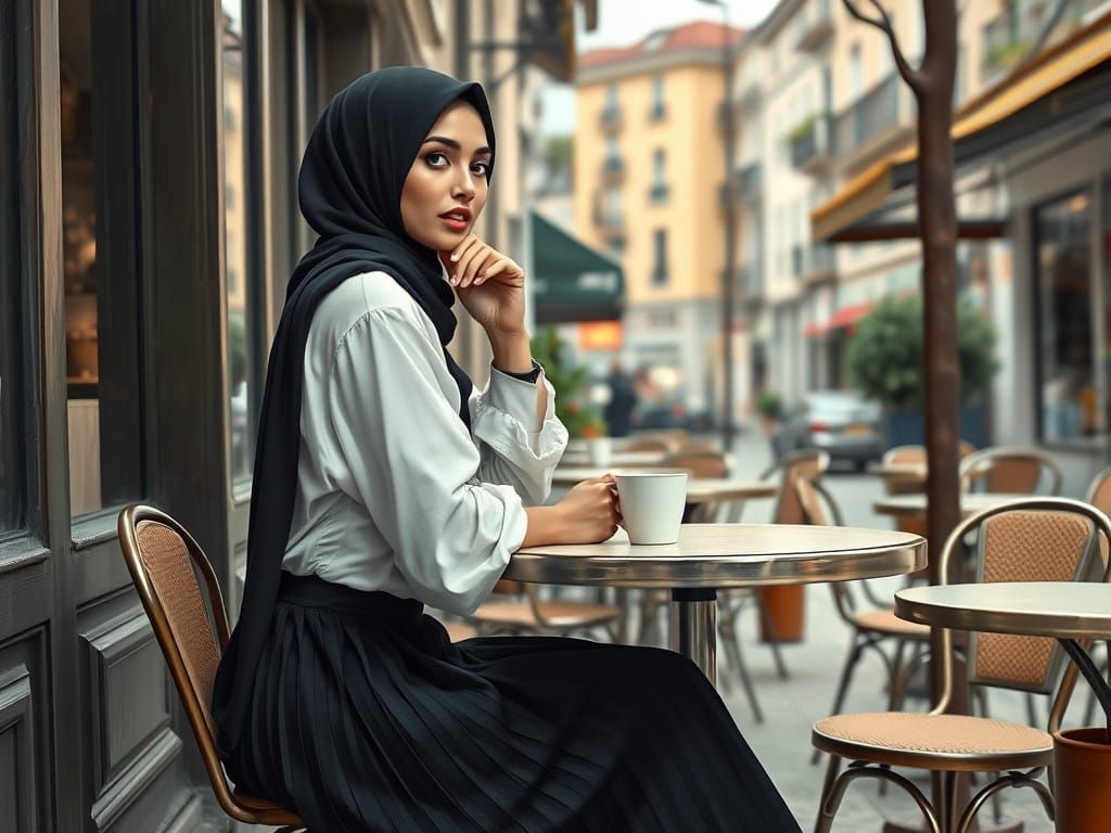 A Beautiful Hijabi Woman Contemplates Life at a Cozy Urban C...