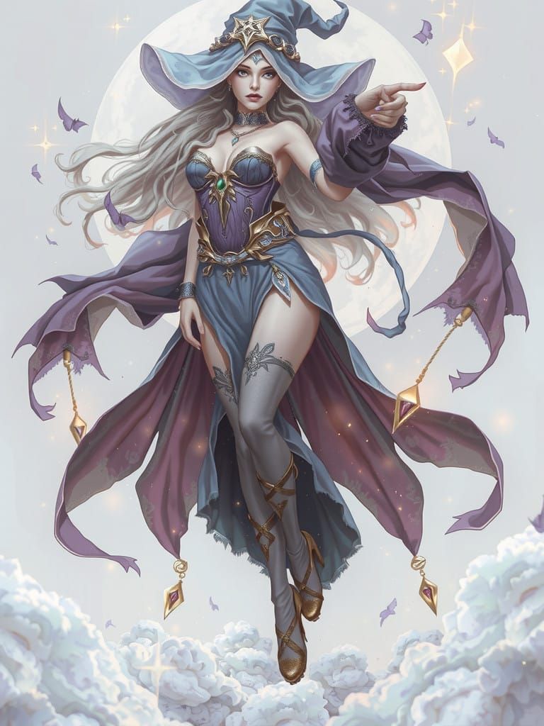 Mystical Witch Soars Through Starry Night Sky in Dreamlike F...