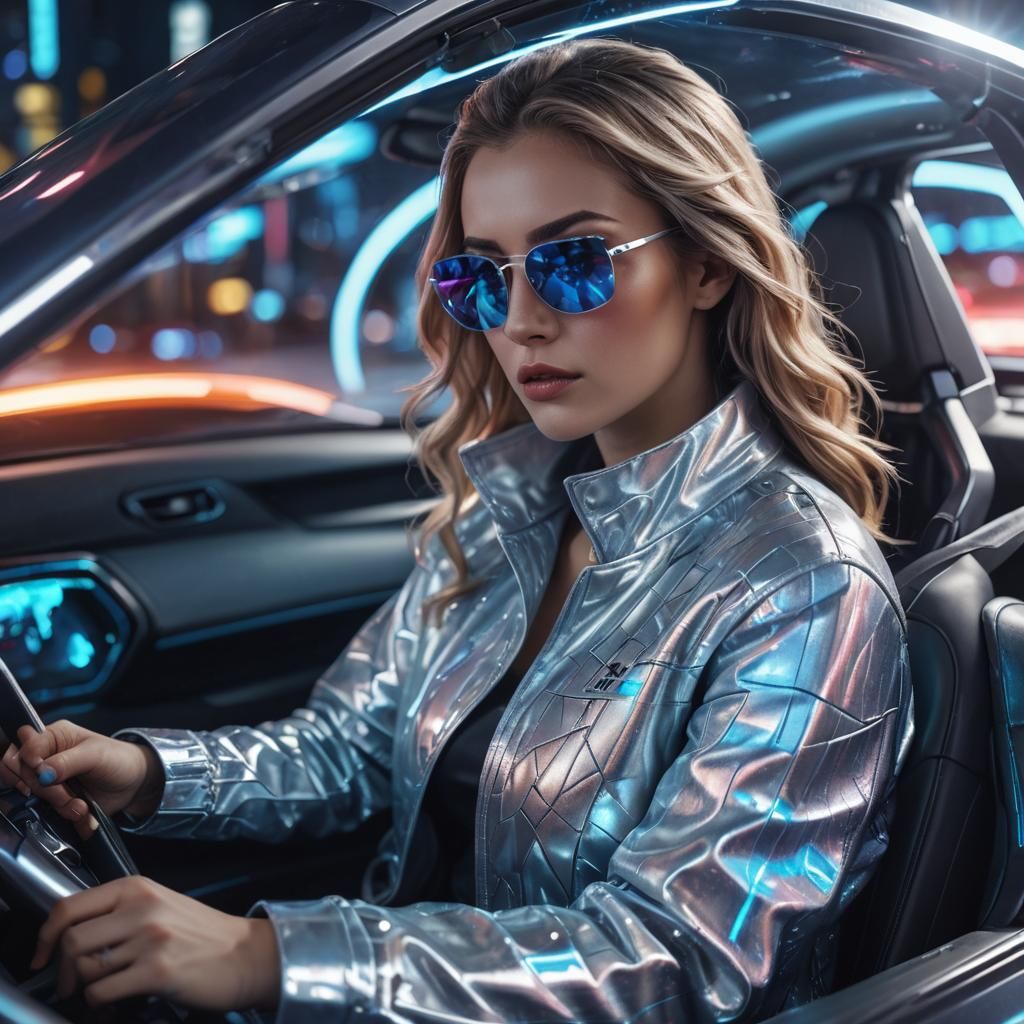 Futuristic Woman Drives a Silver Holographic Sports Car in N...