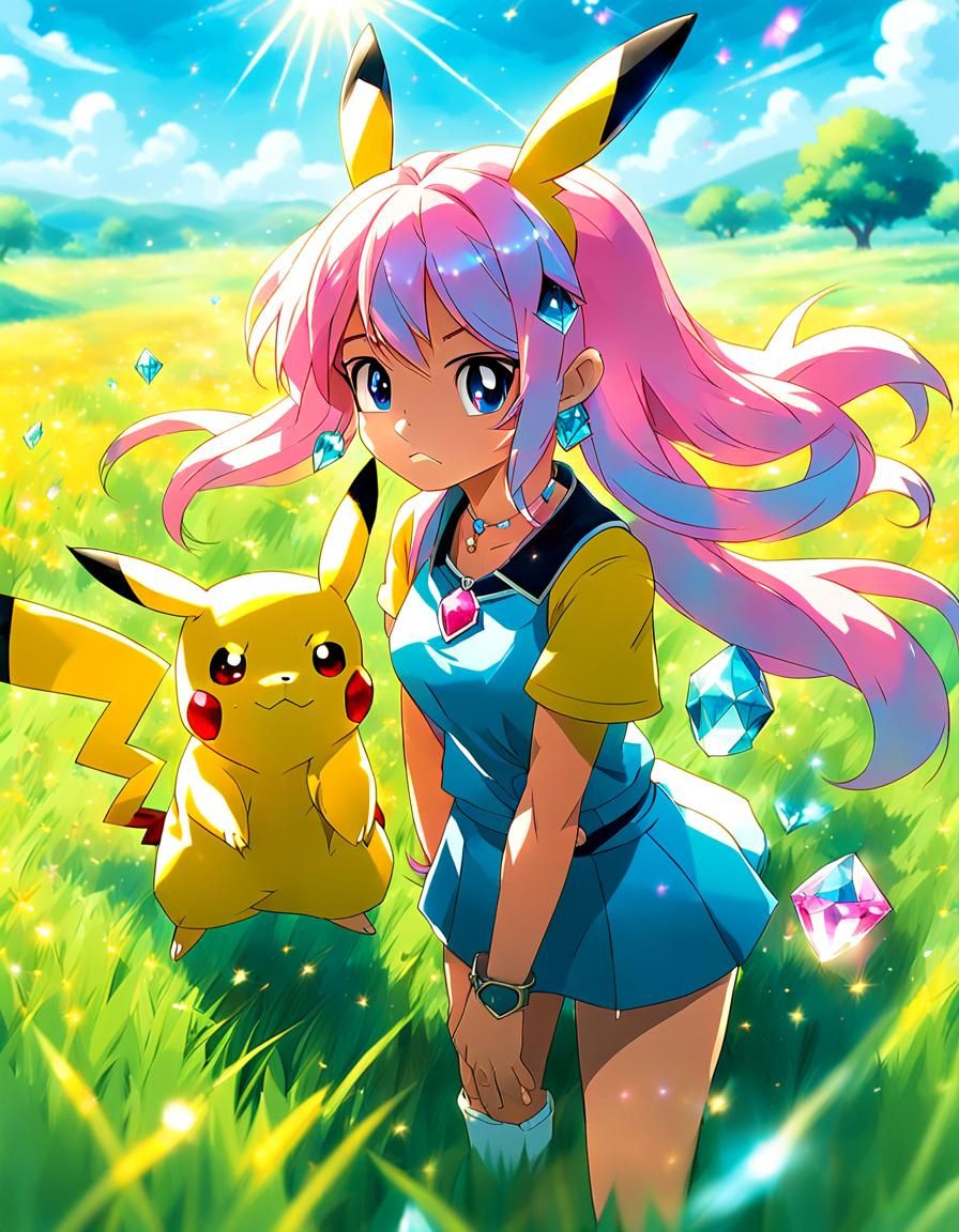 Pikachu Girl and Ash in Anime Style