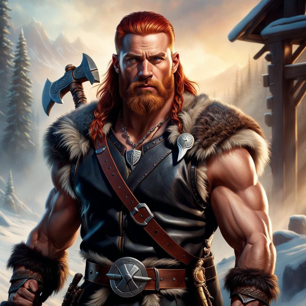 Barbarian in Misty Norse Landscape, Oil Painting Style