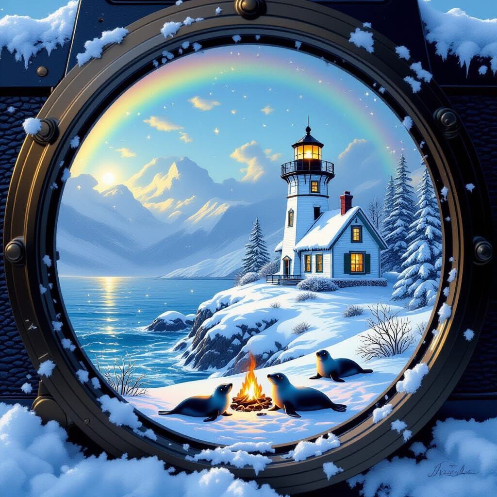 Winter Landscape Through Camera Lens, Kinkade Style