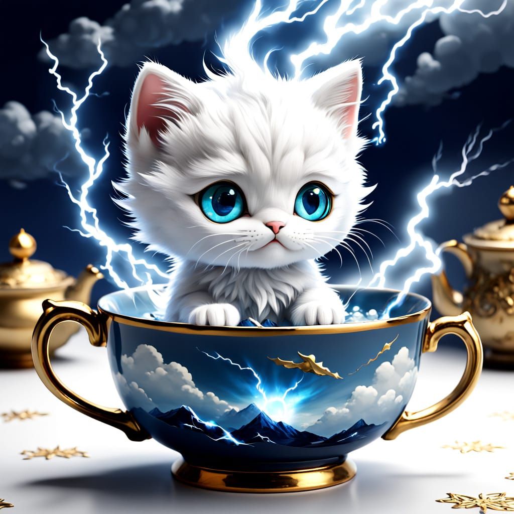 cartoon tiny cute chibi white kitten with blue eyes, with th...