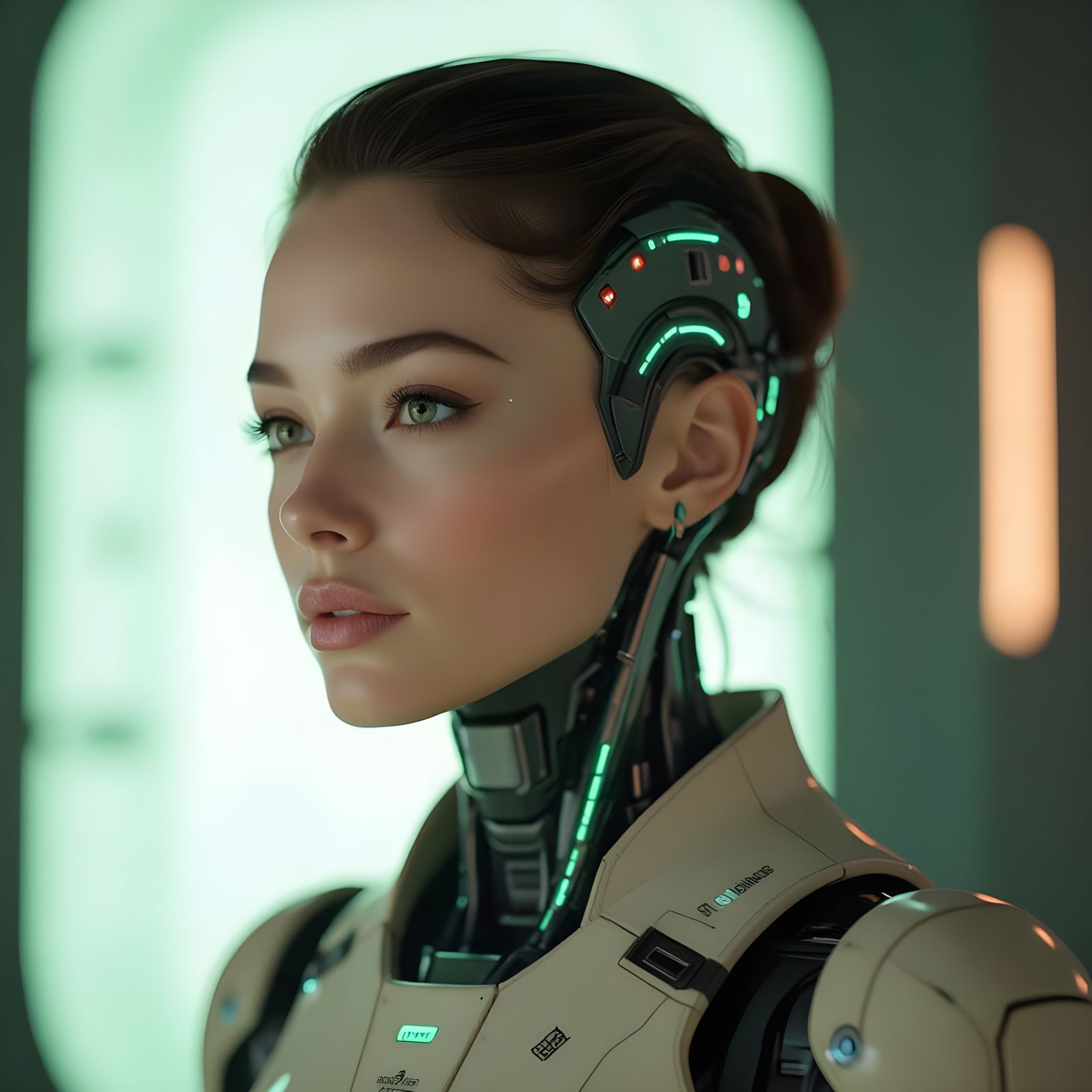 Cyborg Woman in Exoskeleton Suit, Cinematic Lighting