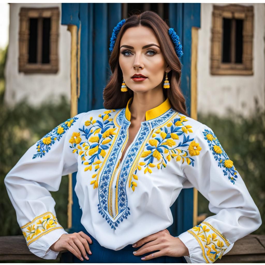 Ukrainian Vyshyvanka Shirt with Blue and Yellow Embroidery