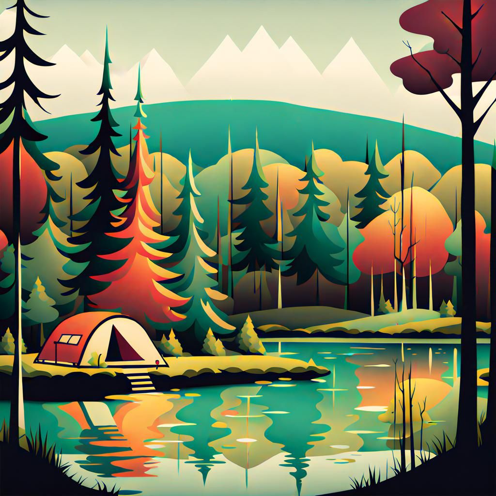 Serene Lakeside Campsite in Mid-Century Modern Style