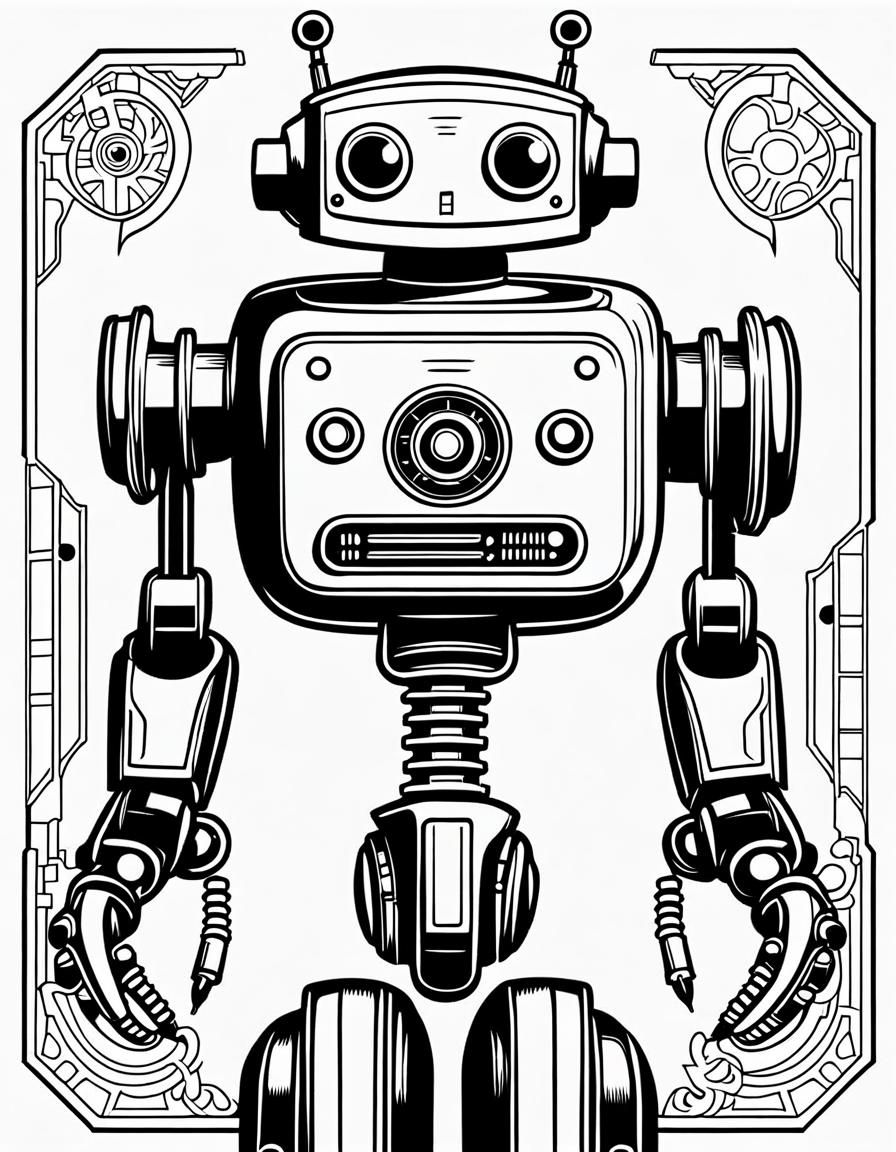 Friendly Robot Coloring Page: Black and White Outline