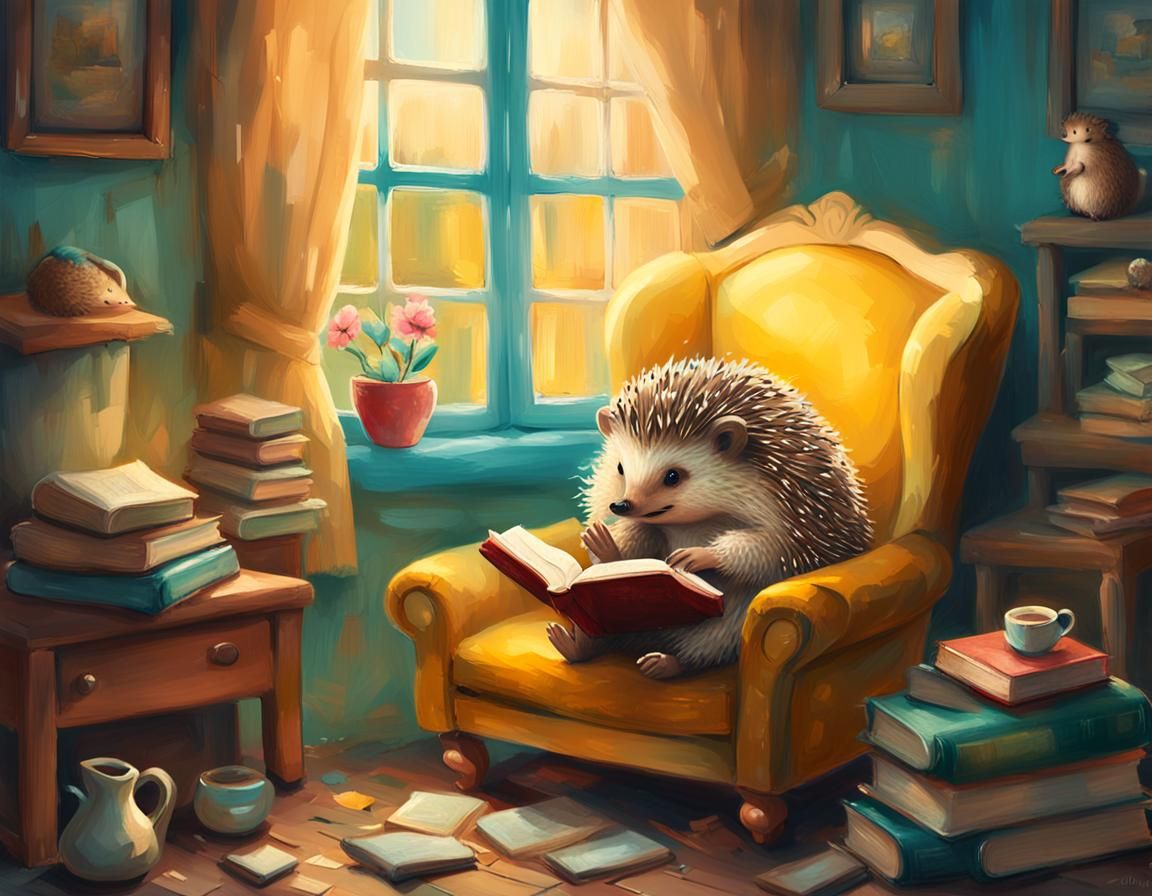 Hedgehog Reading Book in Cozy House, Naive Art