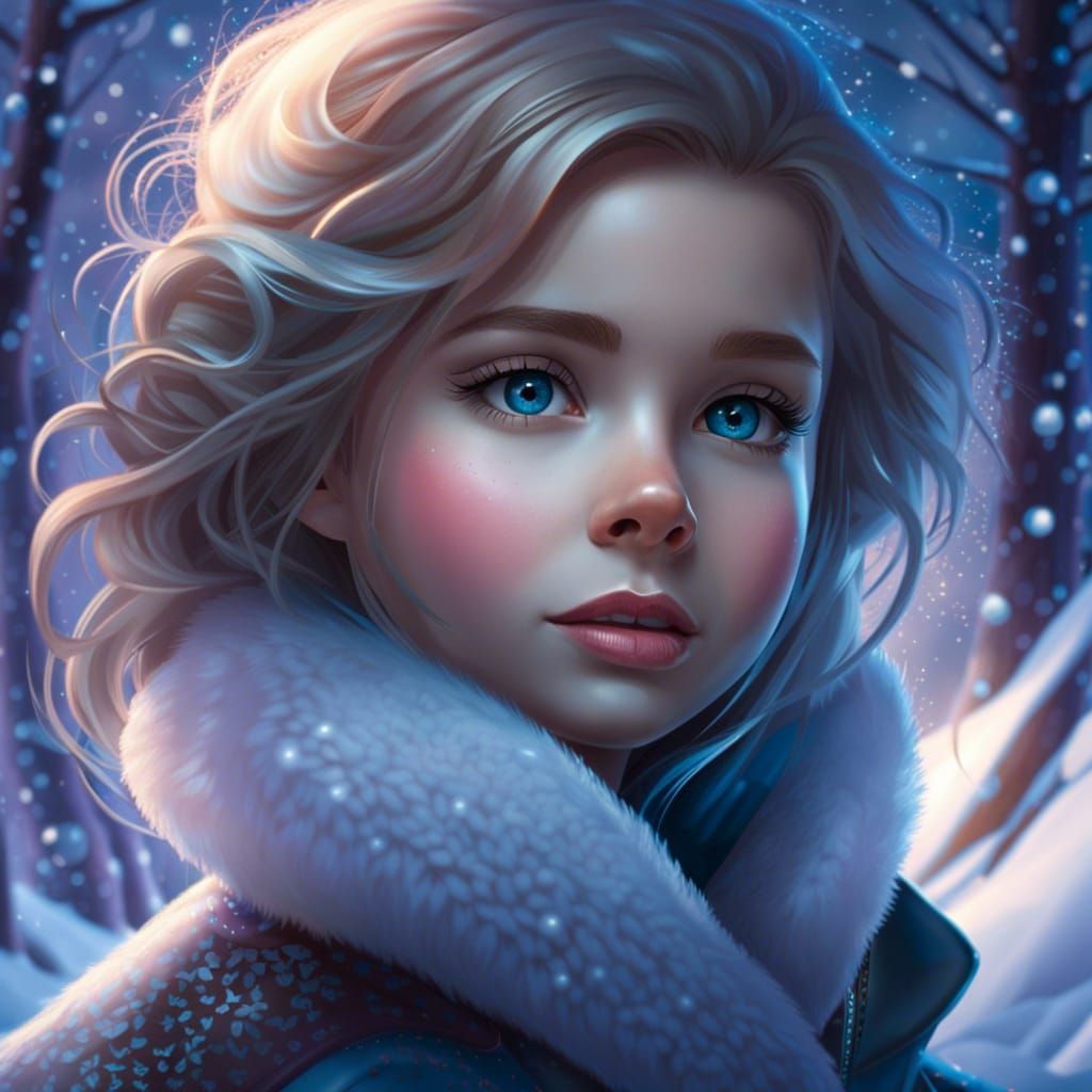 Cute Girl Portrait in Winter Wonderland, Detailed Digital Ar...