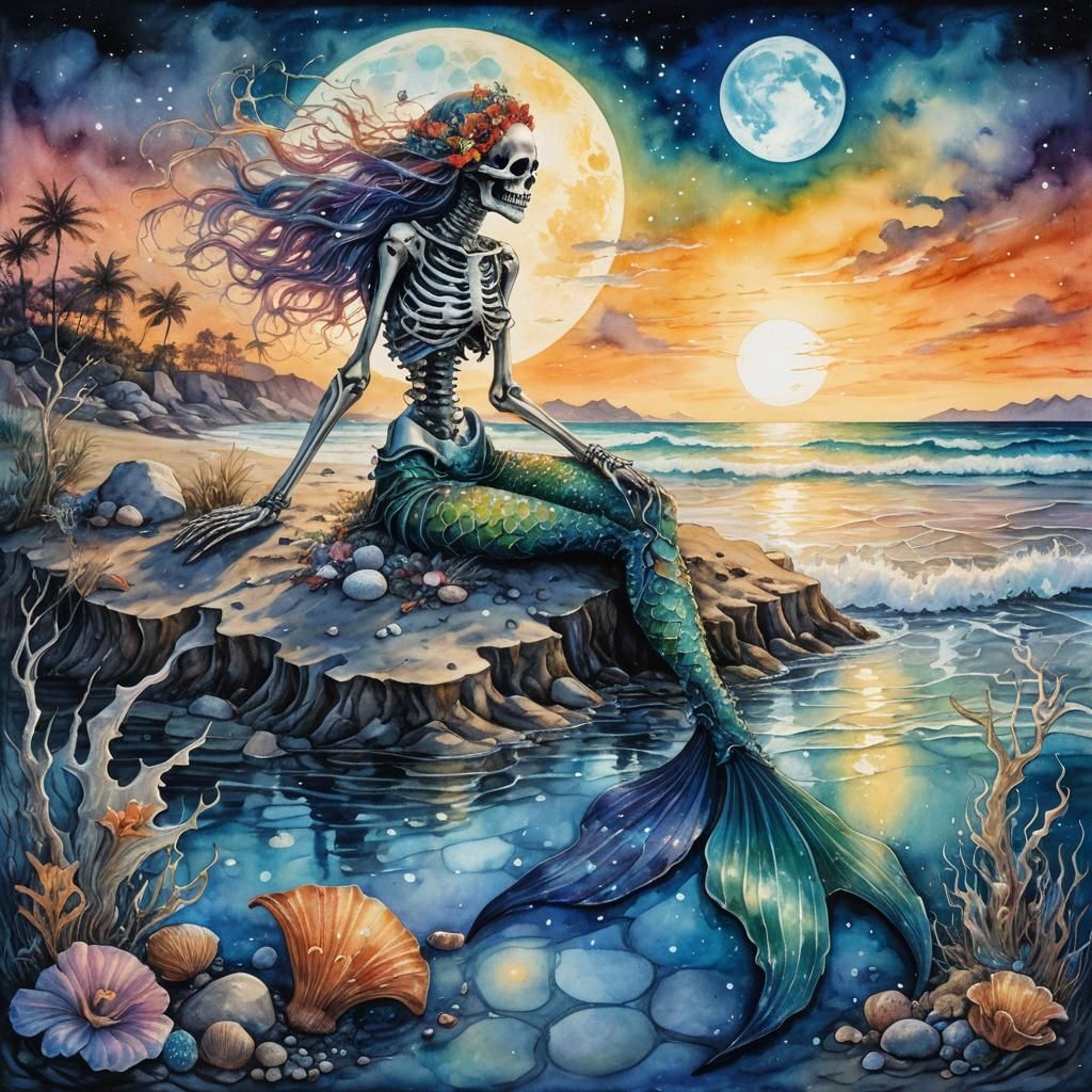 Moonlit Mermaid Skeleton Watercolor Art
