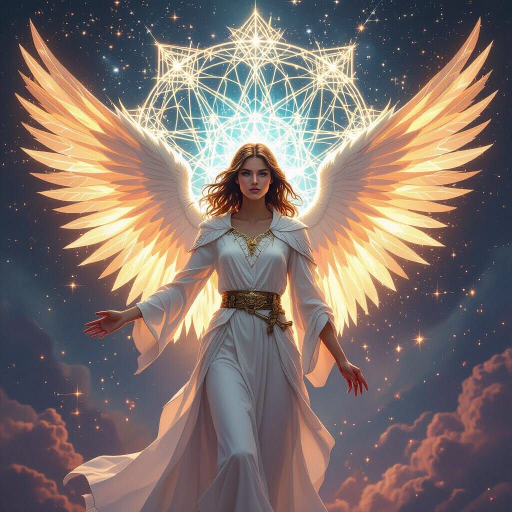 Angel with Luminous Merkaba Wings in Splash-Art Style