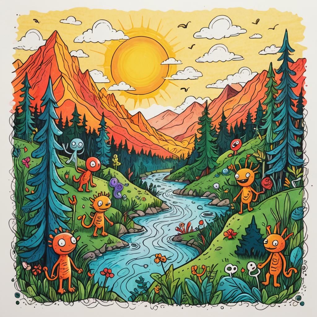 Whimsical Doodle Art of Stick Creatures and Alien