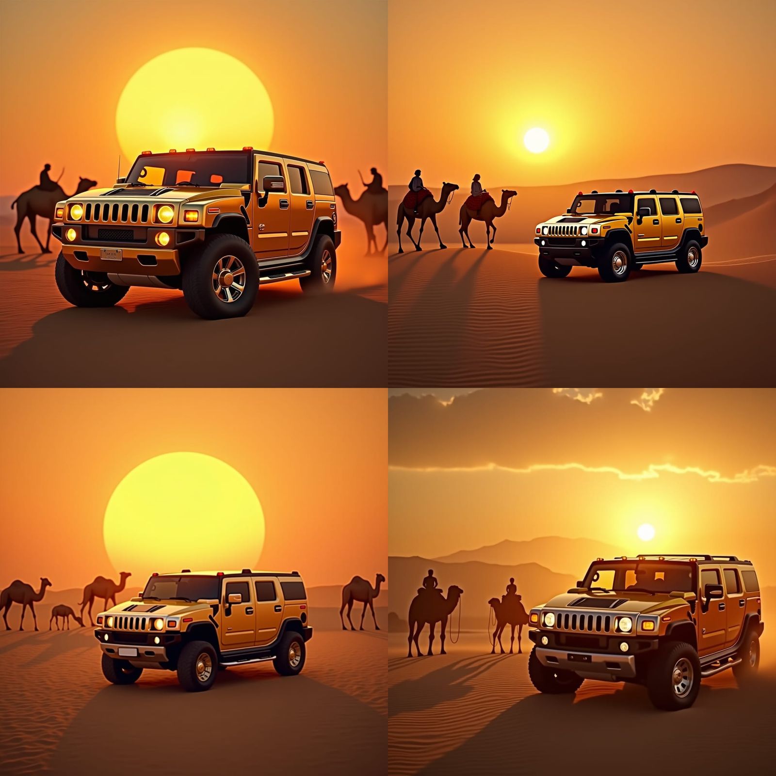 Golden Hummer at Sunset with Camels