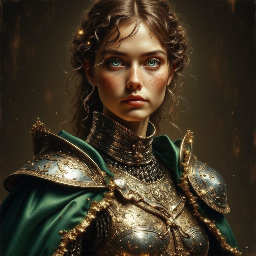 Noble Female Paladin in Green Cloak, Oil Painting Style