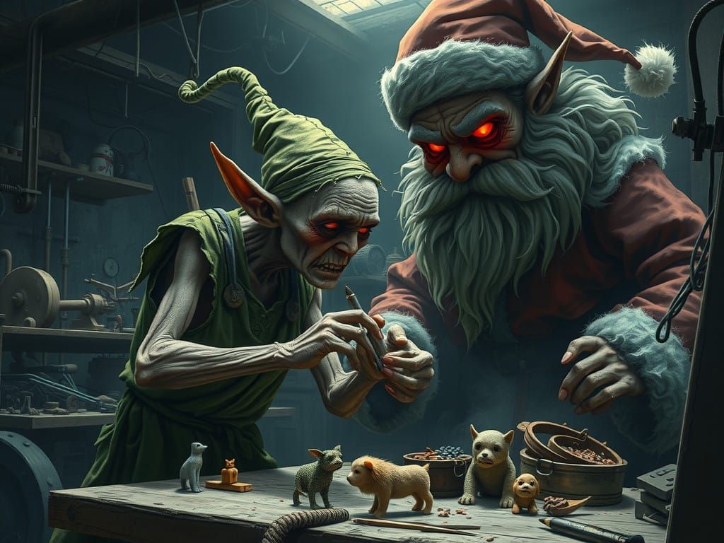 Disfigured Elf Crafts Toy Amidst Dark, Gothic Atmosphere