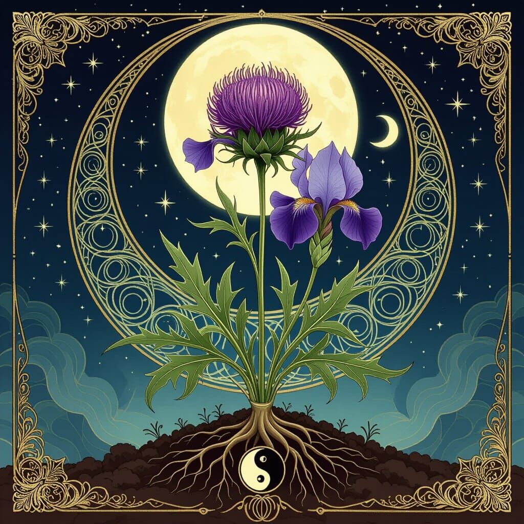 Mystical Mandala of Thistle, Iris, and Celestial Symbols
