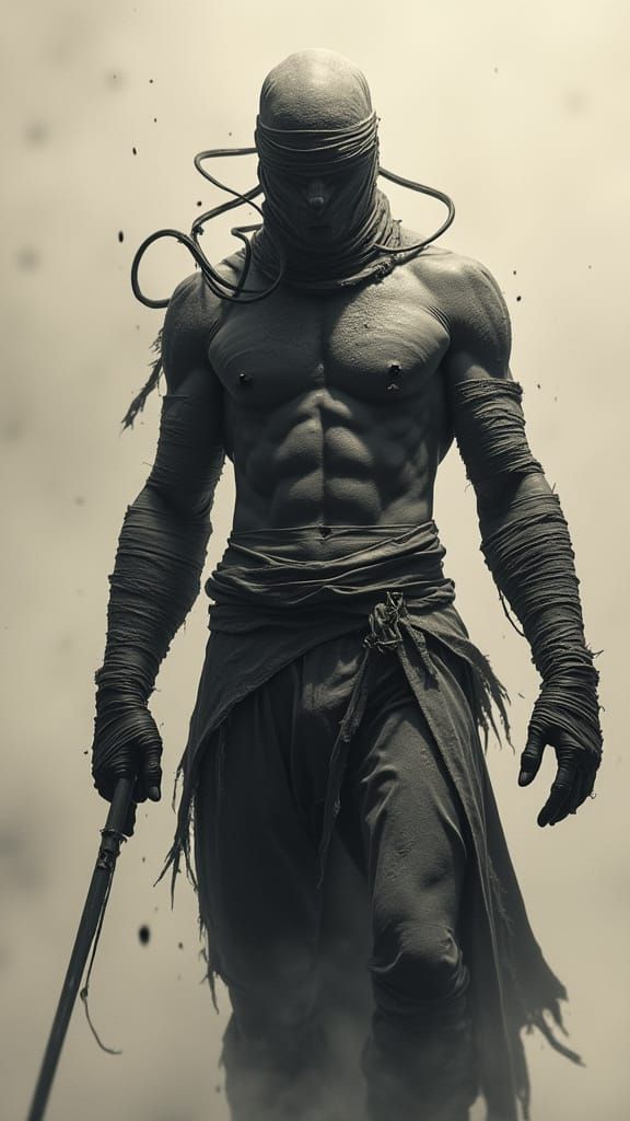 Dark Warrior with Tattered Bandages and Glowing Tubes