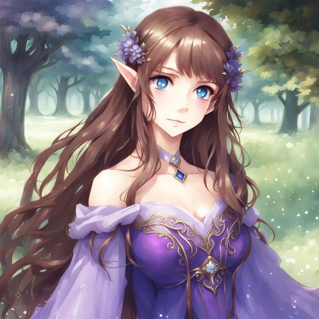 Anime Elf Princess in Purple Renaissance Dress
