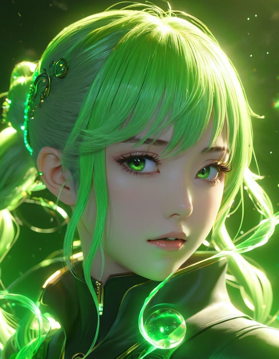 Anime Enchantress Manipulating Mystical Green Aura