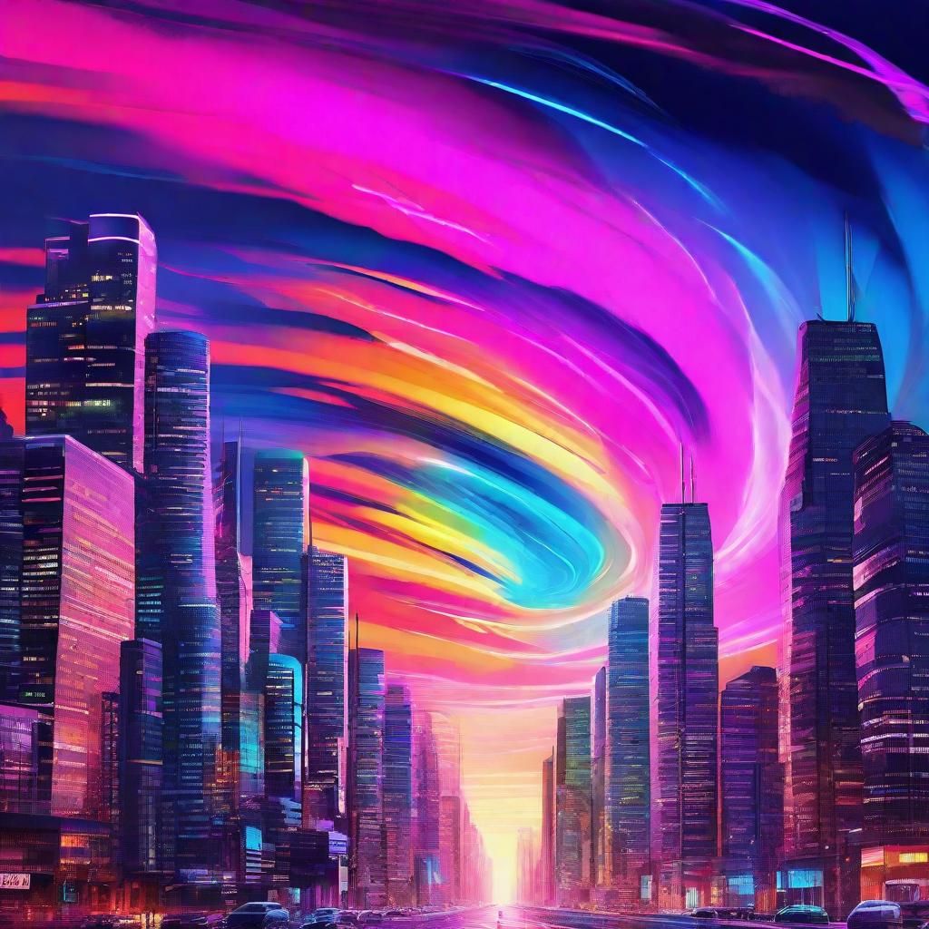 Rainbow Tornado in Futuristic Cityscape, Digital Art