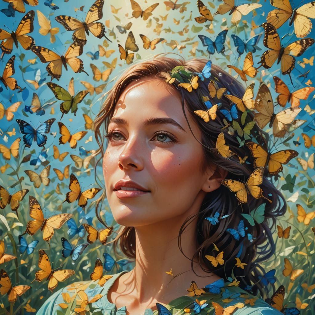 Woman in Butterfly Field: Hyperrealistic Concept Art