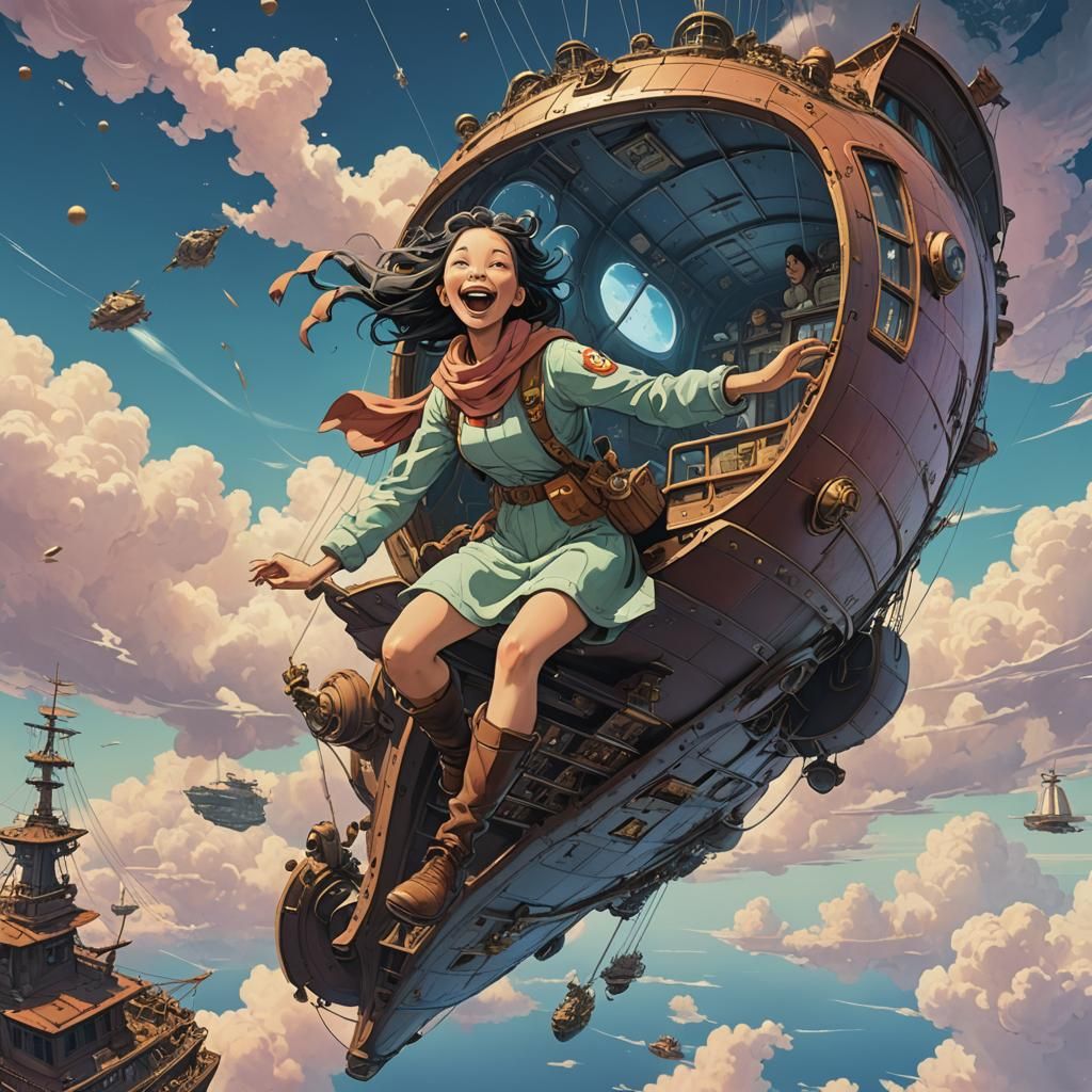 Laughing Girl Flies Sky Ship: Vintage Anime Art