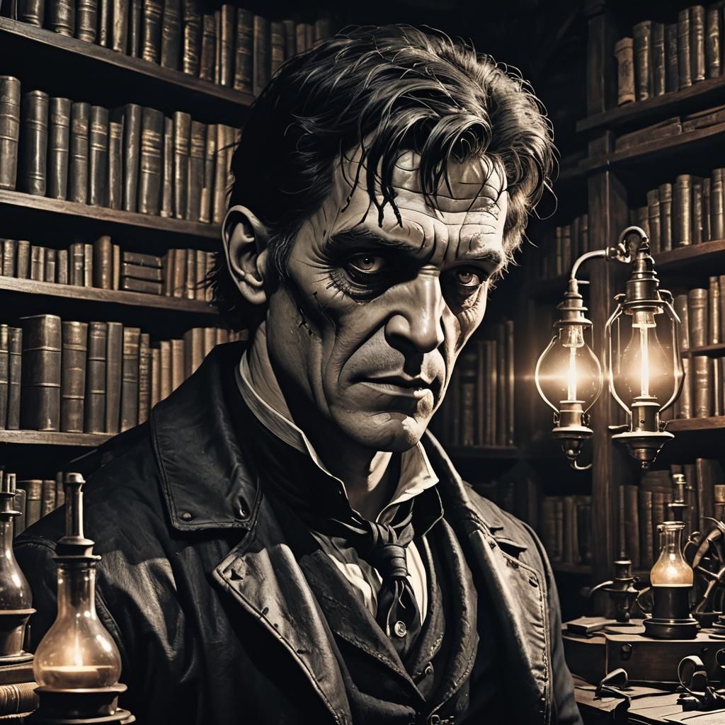 Eerie Portrait of Victor Frankenstein in Gothic Horror Style