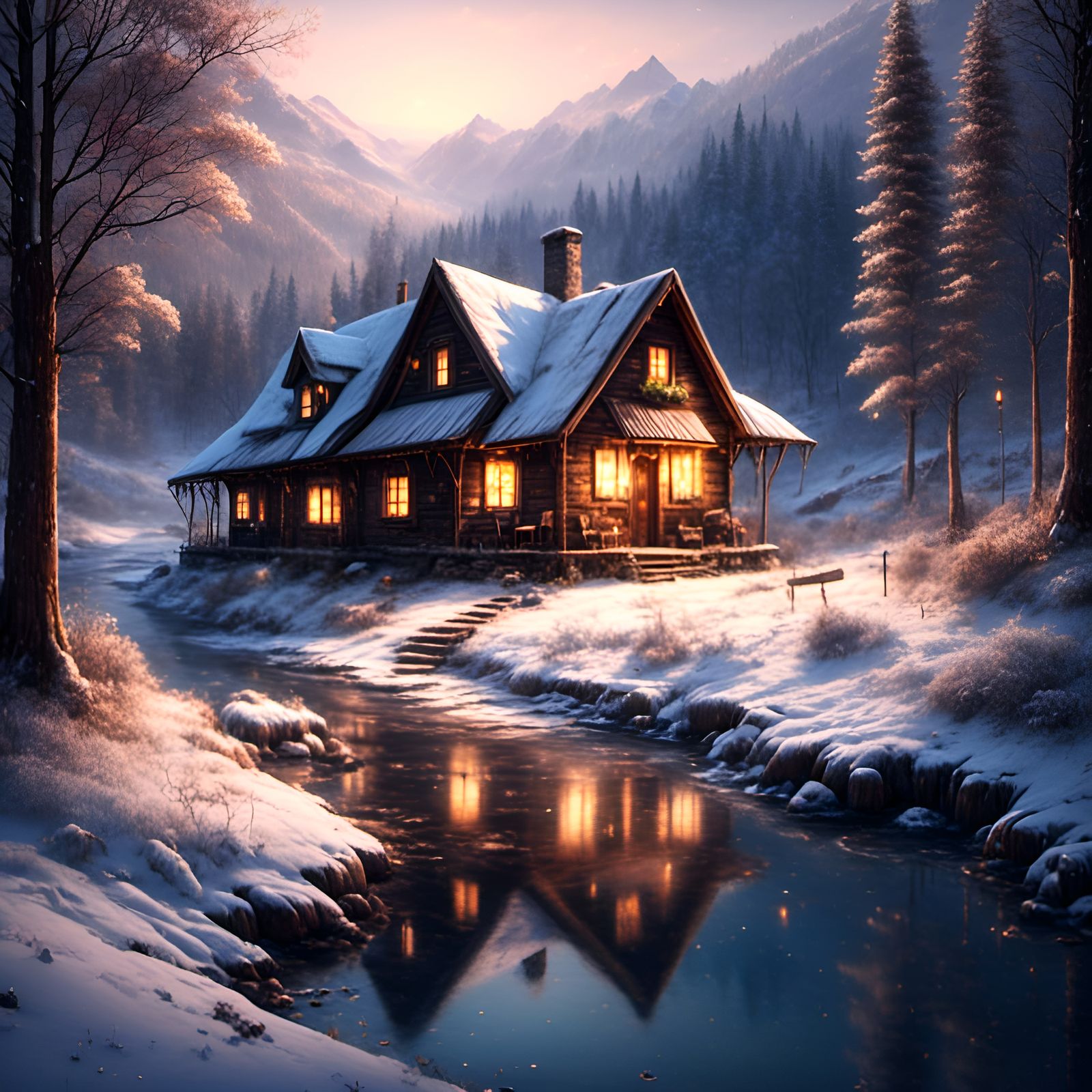Cabin in Snowy Valley Winter Landscape