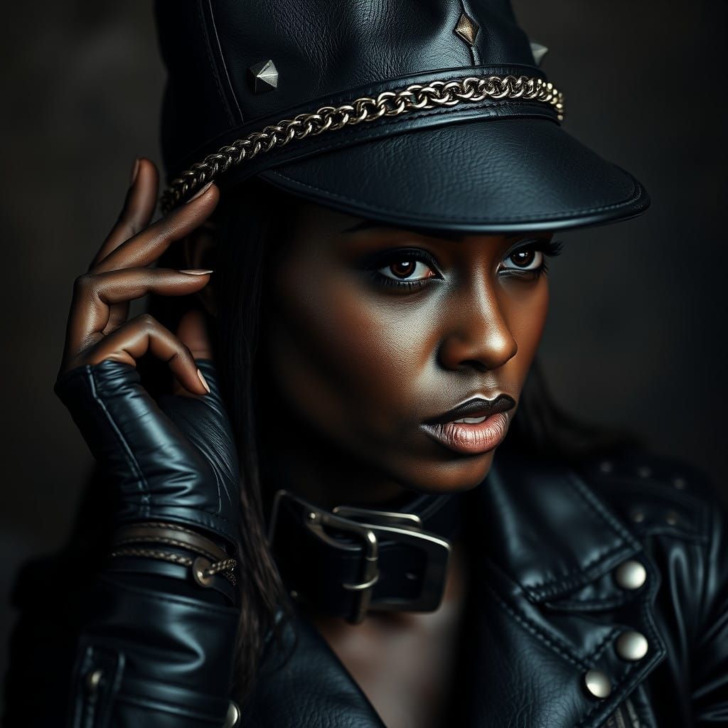 Tough Biker Woman in Leather and Metal