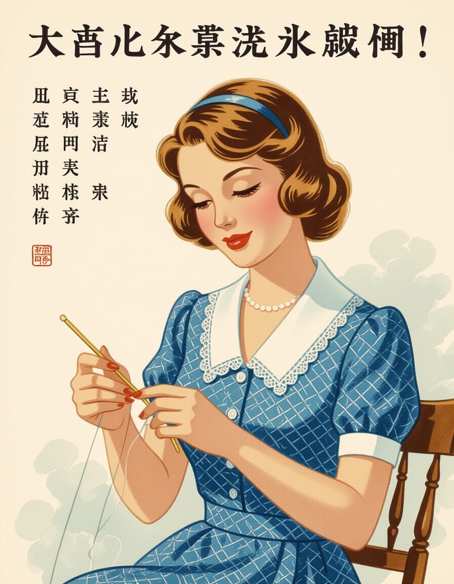 1960s Poster: Woman Learning to Knit