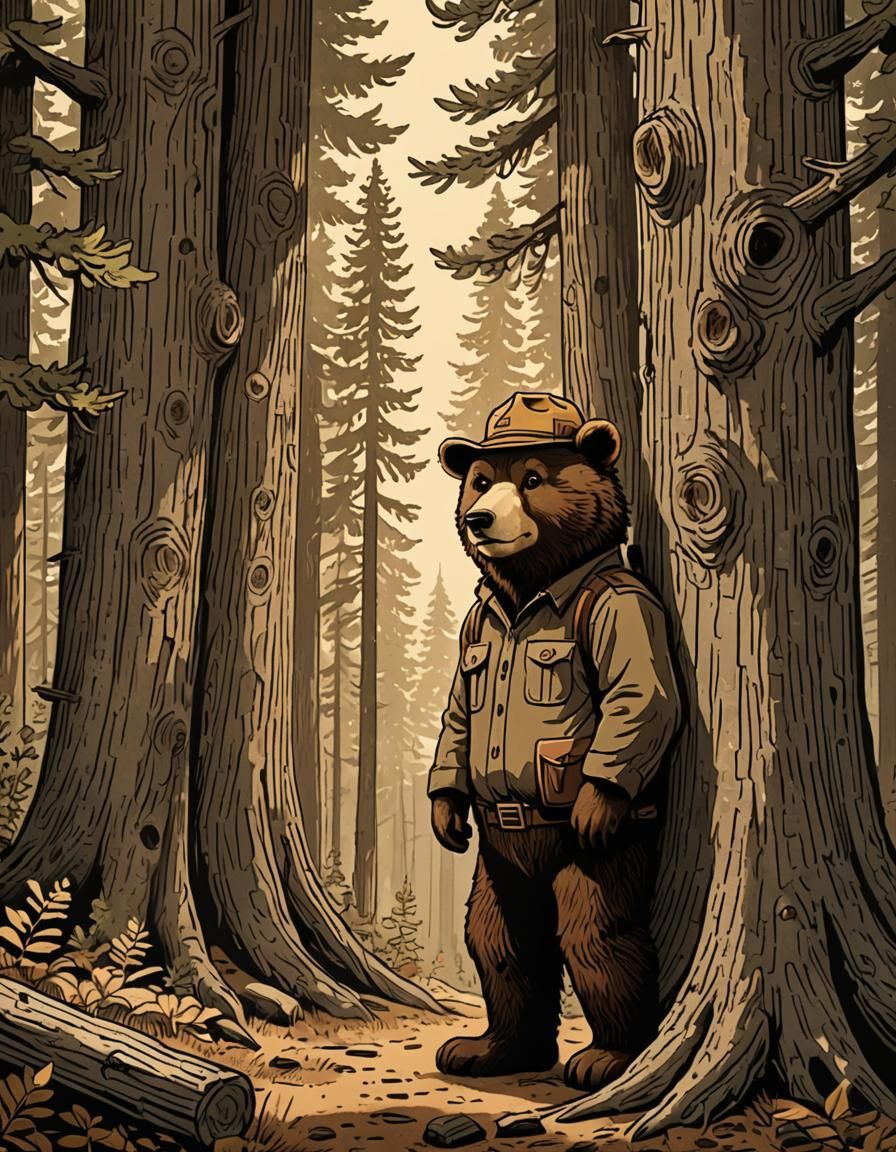 Smokey Bear in Cozy Woodland Illustration